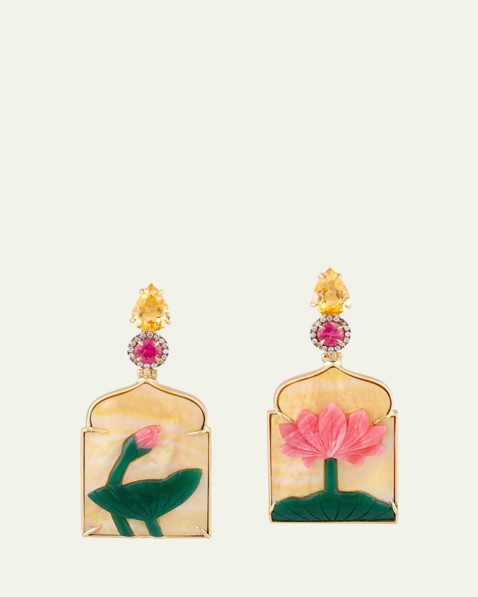 18K Yellow Gold Window Shaped Earrings with Mother-Of-Pearl, Aventurine, Rhodochrosite, Pink Tourmaline, Citrine and Diamonds